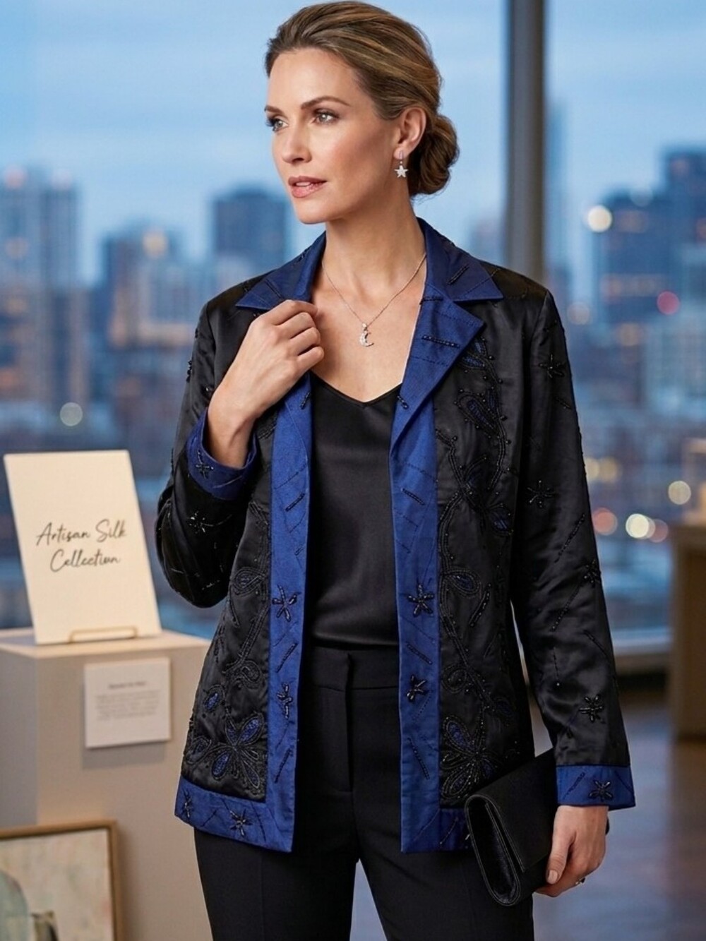 Chicos Excitement Zira Jacket Black And Blue Moonscape size 2 Silk Cotton Linen